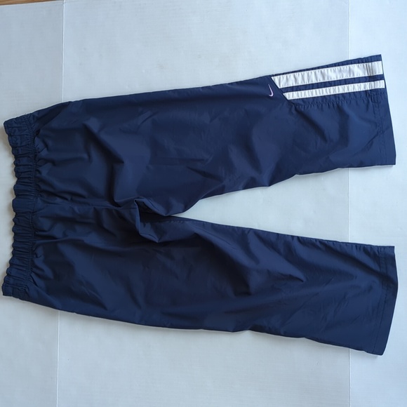 Nike Stripe Nylon Blend Capri Cropped Pants Medium Navy Blue White - Picture 2 of 14